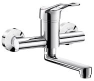 Mechaniczna Bateria ścienna do umywalki  z ruchoma wylewką L.150, uchwyt ażurowy